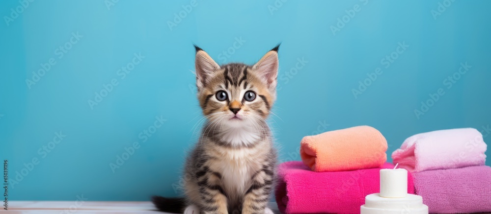 Adorable cat with oral care items at home