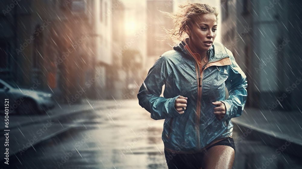 Female athlete runner sprinter young woman running during rain, workout goal and exercise for wellness, sport and training. City street. Muscular, sportive girl. Healthy lifestyle. Speed marathon