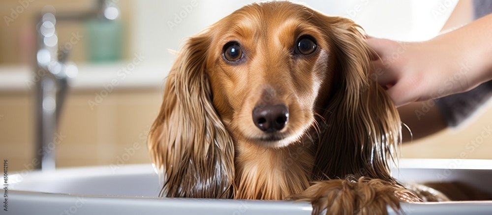 Pet professionals comfort anxious dachshunds at clinics or salons