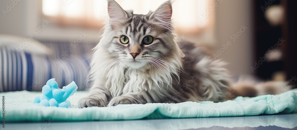 Tabby cat investigating toothpaste on toothbrush introducing dental health for pets during s oral health month