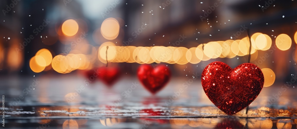 Blurred outdoor Christmas tree with red balls sparkling fairy background defocused lights and city street with cars