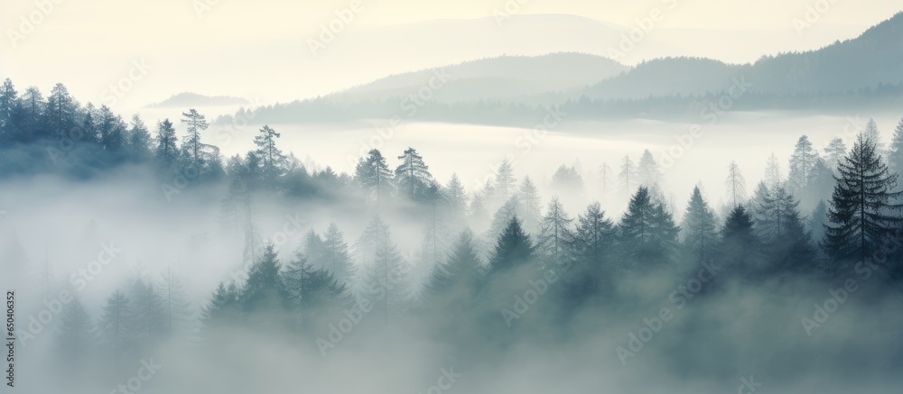 Foggy morning in the forest trees shadowed by mist