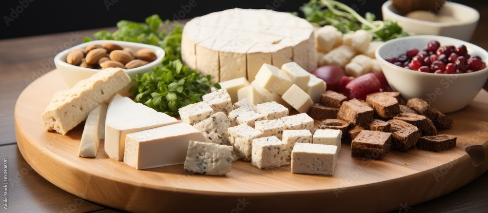 Tofu and tempeh along with other plant proteins on wooden plate for vegan diet Soy heart health calcium