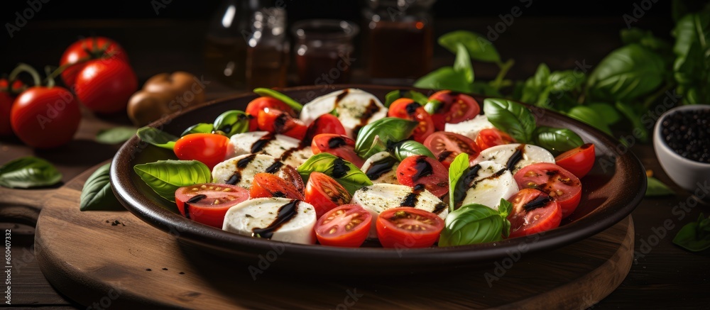 Italian or Mediterranean salad with tomato mozzarella basil olives and olive oil on a wooden table