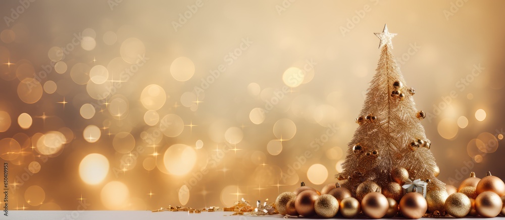 Blurred lights and tree on gold Christmas background