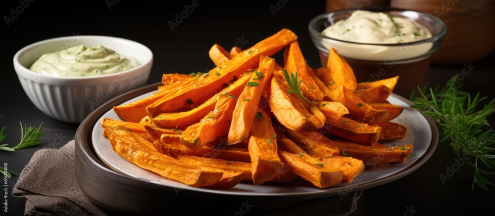 Homemade oven roasted sweet potato fries with o and ketchup