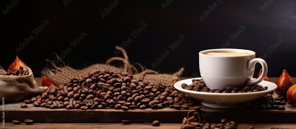 Coffee cup with beans on wooden table and white background text space available