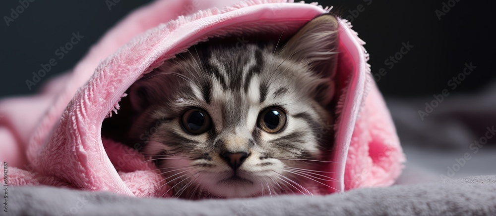 Recently bathed gray tabby kitten wrapped in pink towel with charming eyes