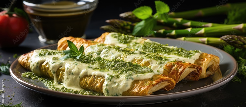 Delicious breakfast with basil pesto sauce baked asparagus in dough Room for text