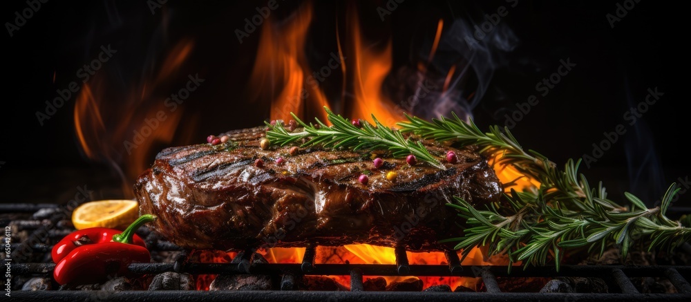 Grilled steak with smoky flames