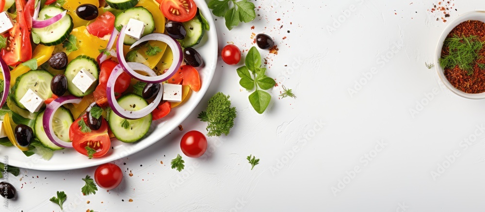 Healthy Greek salad with cucumber tomato sweet pepper lettuce red onion feta cheese olives and olive oil on white background