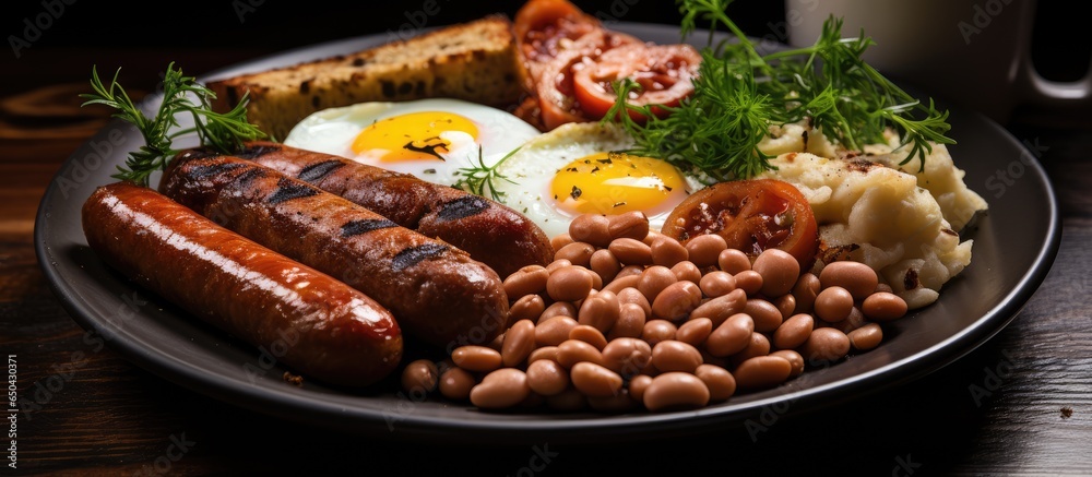 English style vegan breakfast consisting of tofu cheese scrambled eggs soybean sausages mushrooms and beans