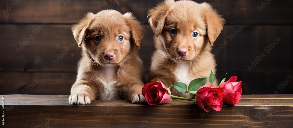 Two charming retriever dogs with a rose Valentine s gift