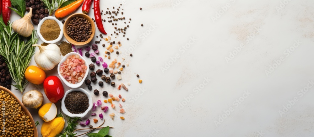 Text space on white kitchen table background for colorful cooking herbs and spices