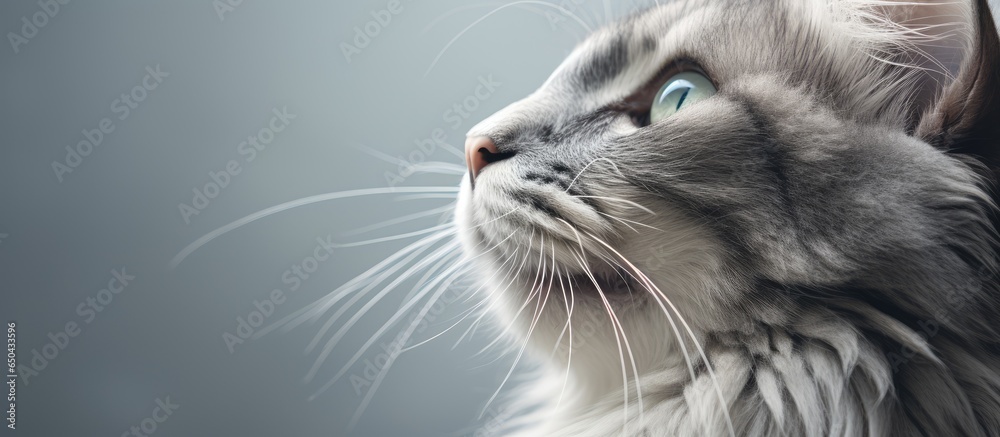 Gray cat s long white whiskers viewed from below in a selective soft focus portrait