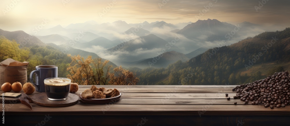 Coffee themed decorations with mountain backdrop in morning