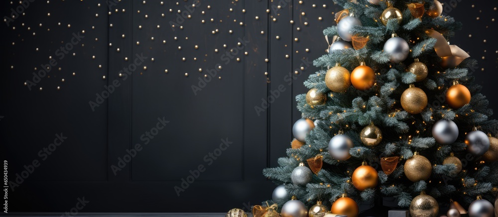 Close up view of a garland adorned Christmas tree