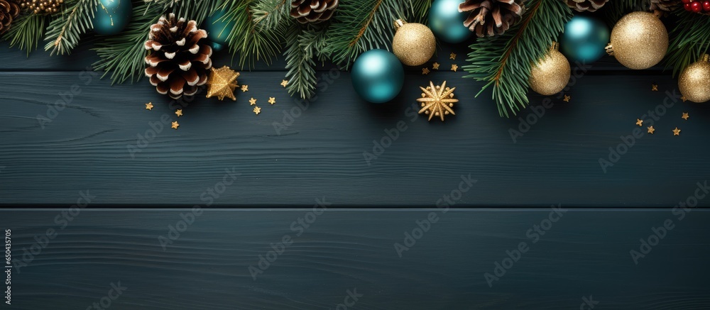 Top down view of a festive scene with a Christmas border showcasing a tree presents and a green backdrop Ideal for New Year s greetings or a holiday themed message The design can be customiz