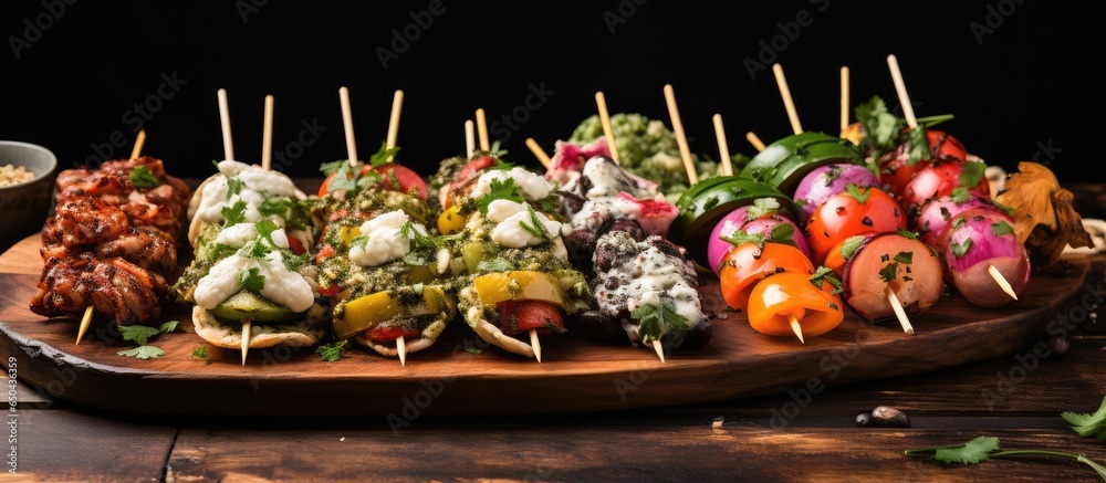 Assorted vegan Spanish pinchos served on a wooden tray