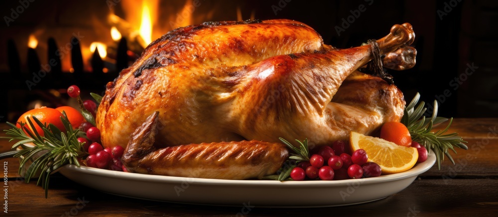 Christmas dinner with roasted turkey adorned with berries and sage by a festive tree and lit candles