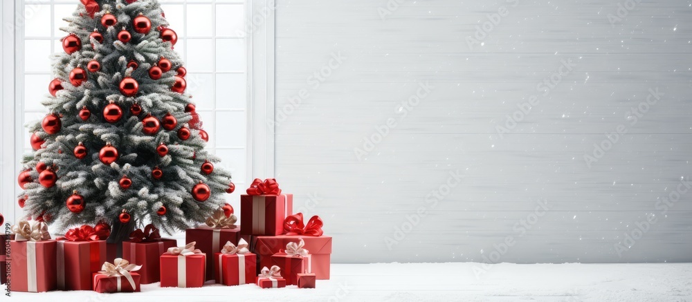 Red gifts under a white room s Christmas tree