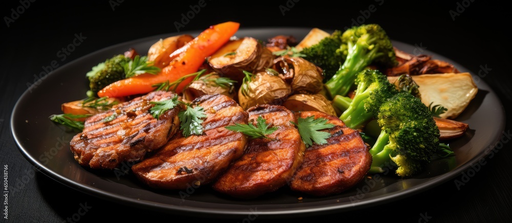 Veggie seitan with greens on dish