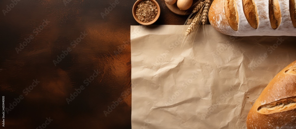 Brown baking paper with wood background and copy space