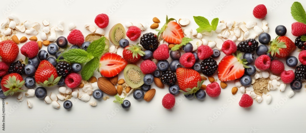 Muesli and berries create a healthy breakfast backdrop