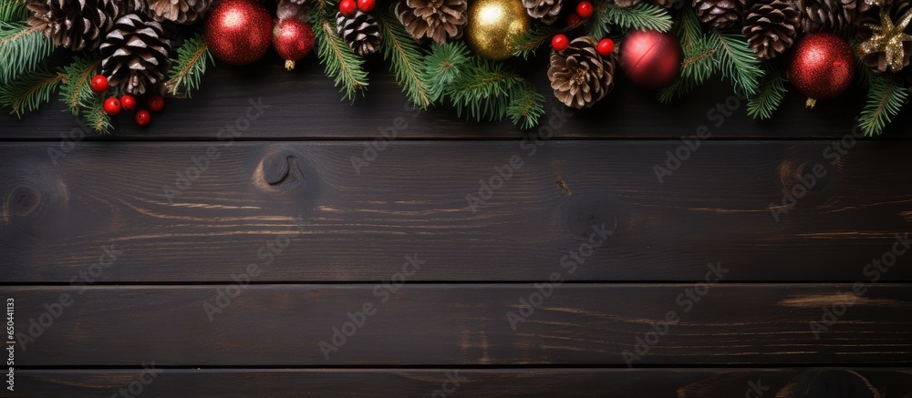 Dark wooden background with festive decorations space for text viewed from above