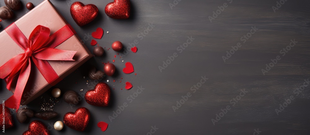 Top down view of a romantic Valentine s card with red chocolate heart shaped treats and a gift on a gray background offering room for your messages