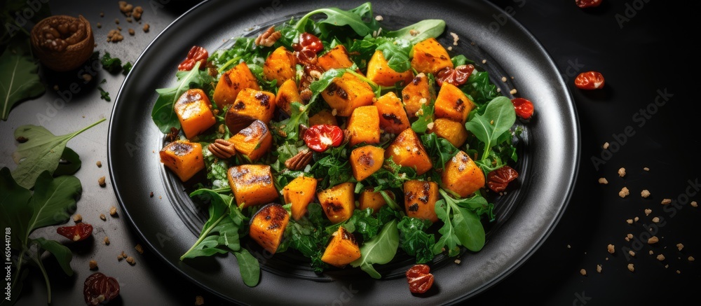 Top view of a pumpkin salad on a black plate with spinach and walnuts placed on a stone backdrop