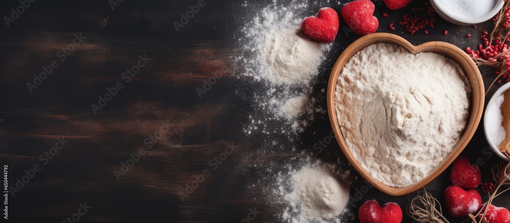 Top view of baking with flour and heart on dark background Flat lay for Valentine s Day or Mother s Day cooking