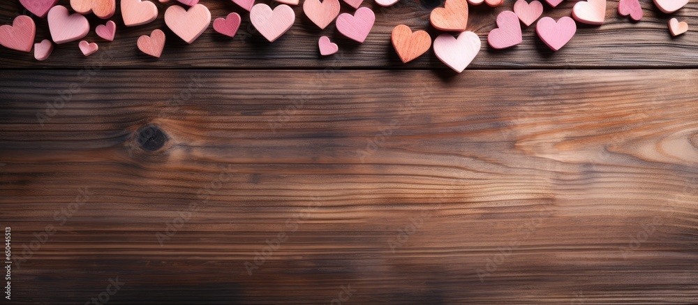 Valentines themed wooden tabletop with hearts used as a backdrop