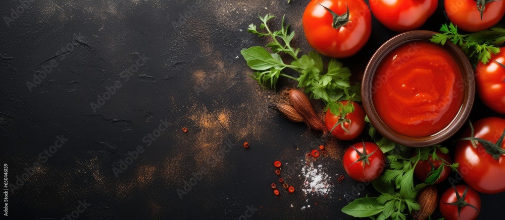 Homemade tomato sauce with ingredients arranged flat with space for text