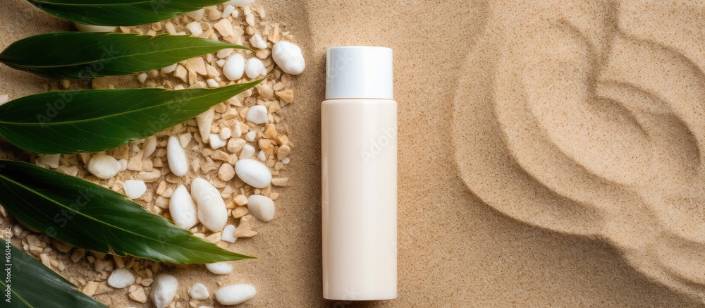 Natural concept Unbranded white plastic bottle mockup on sand texture with dried twig and green leaves