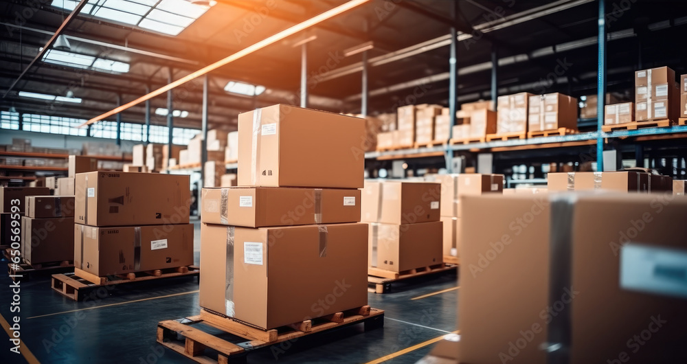 Distribution warehouse with a lot of shelves with cardboard boxes.