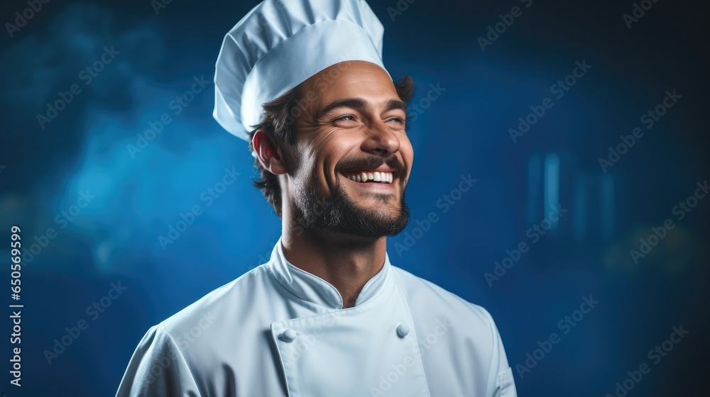 Male chef is smiling looking at side on blue background.