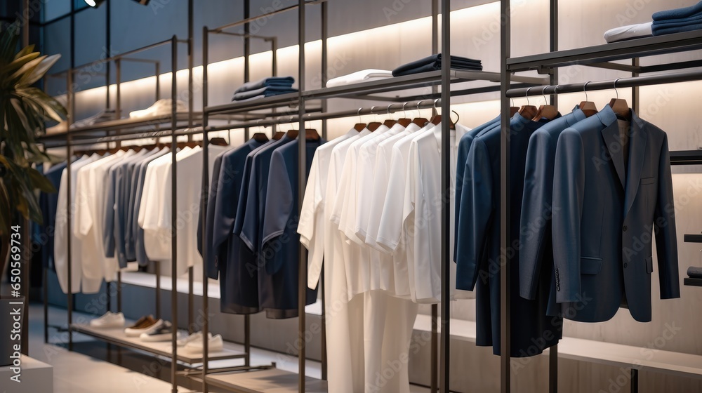 Interior of Modern clothing boutique at department store, Showcasing a variety of fashionable garments for sale.