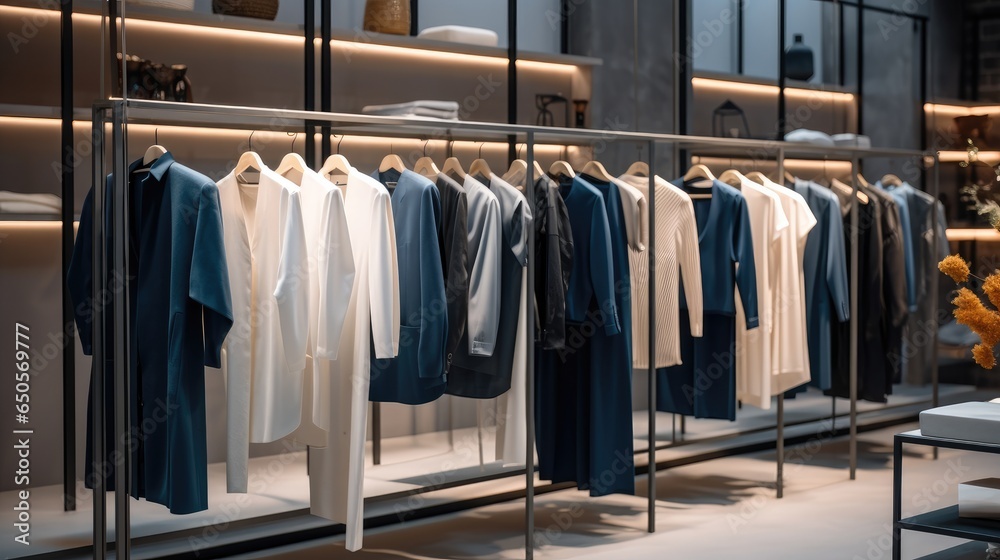 Interior of Modern clothing boutique at department store, Showcasing a variety of fashionable garments for sale.