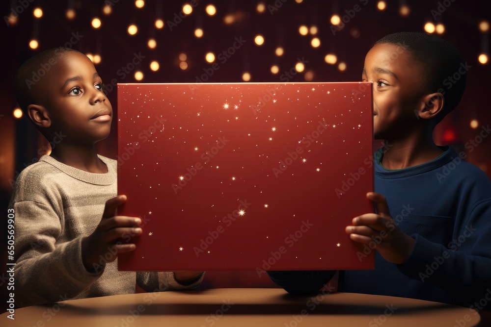 A pair of boys hands held a giant box with a Christmas atmosphere on a red background.