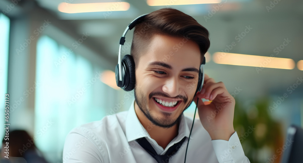 Call center young man agent consulting a buyer via video call in an office.