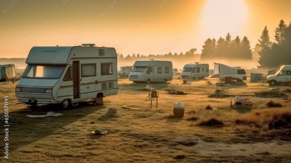 Campers parked in campsite at nature, Camping in the nature, Family travel concept.