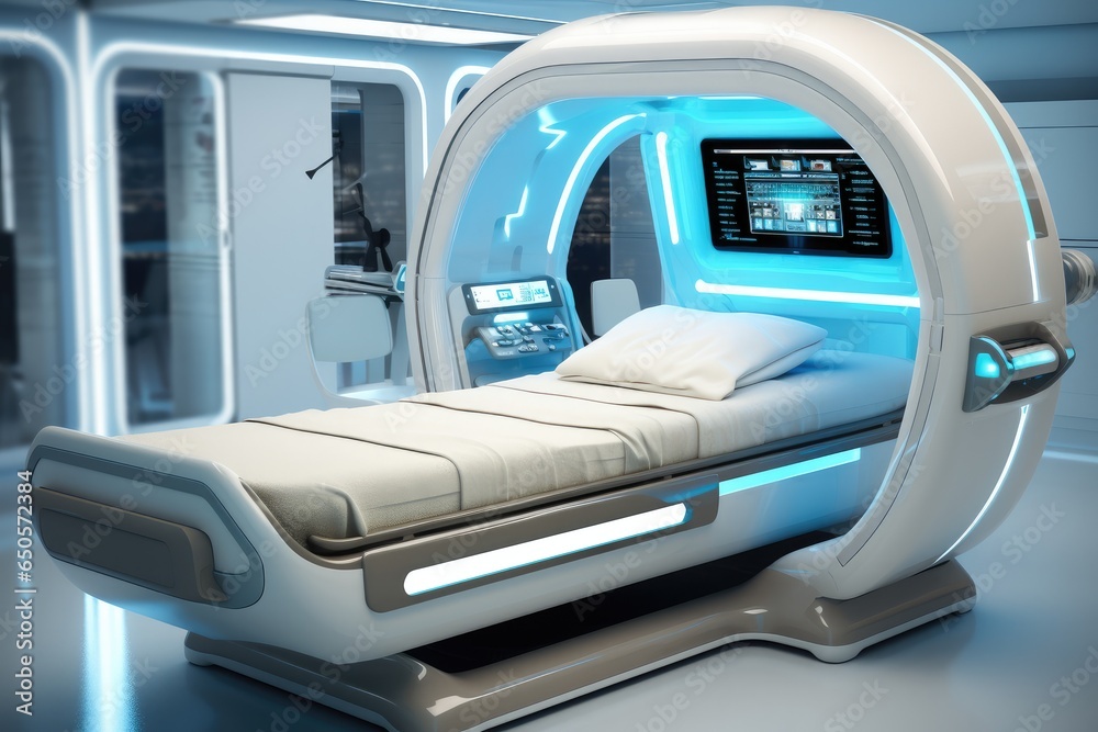 Futuristic medical treatment bed at modern hospital.