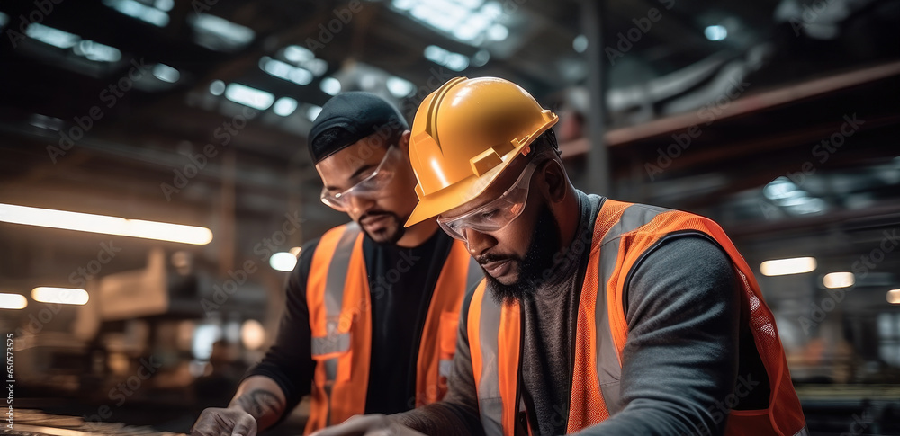 Industrial workers are working on a project at heavy industry factory.