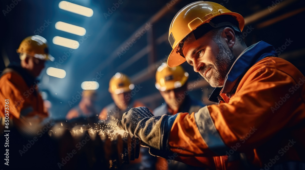 Industrial engineers in hard hat are working at the heavy industry manufacturing factory.