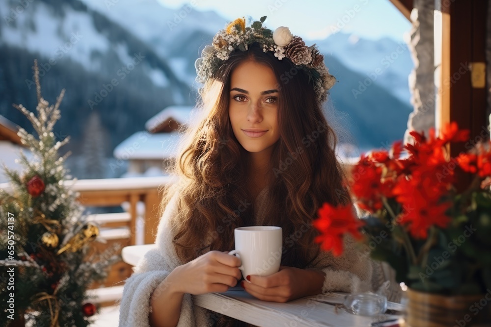 A young woman with a wreath on her head and a cup of coffee enjoys a moment of relaxation at a winter resort.