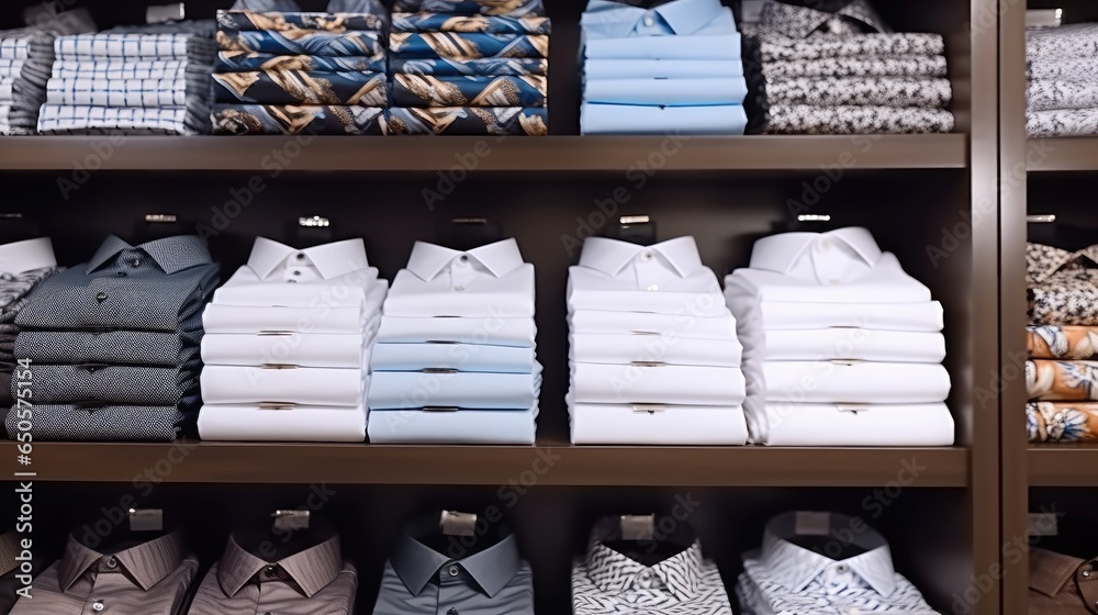 Fashion clothes, Men shirts displayed on shelves in shop at shopping mall.