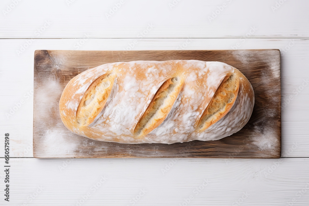 Fresh bread, trend sourdough loaf on board on light wooden table, minimal style aesthetic top view, above view homemade artisan bread