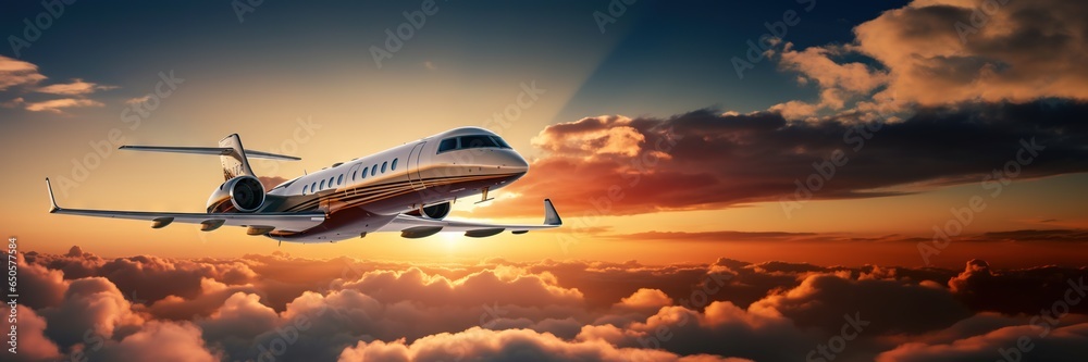 Luxury private jet flying above the clouds, beautiful sunset on background. Travel and airplane concept. Generative AI