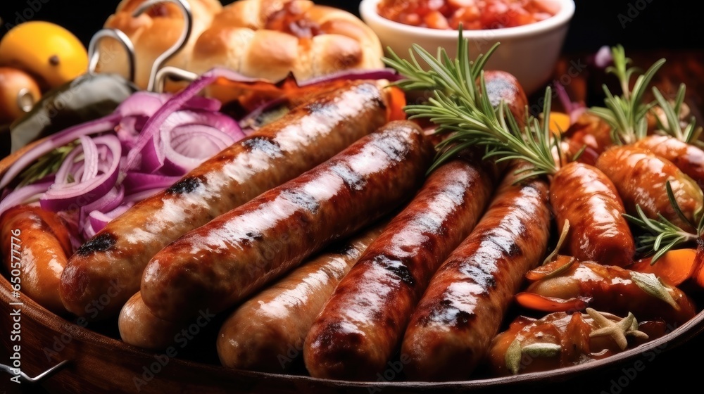 Oktoberfest food, German grilled sausages, Set with various meat Bavarian.